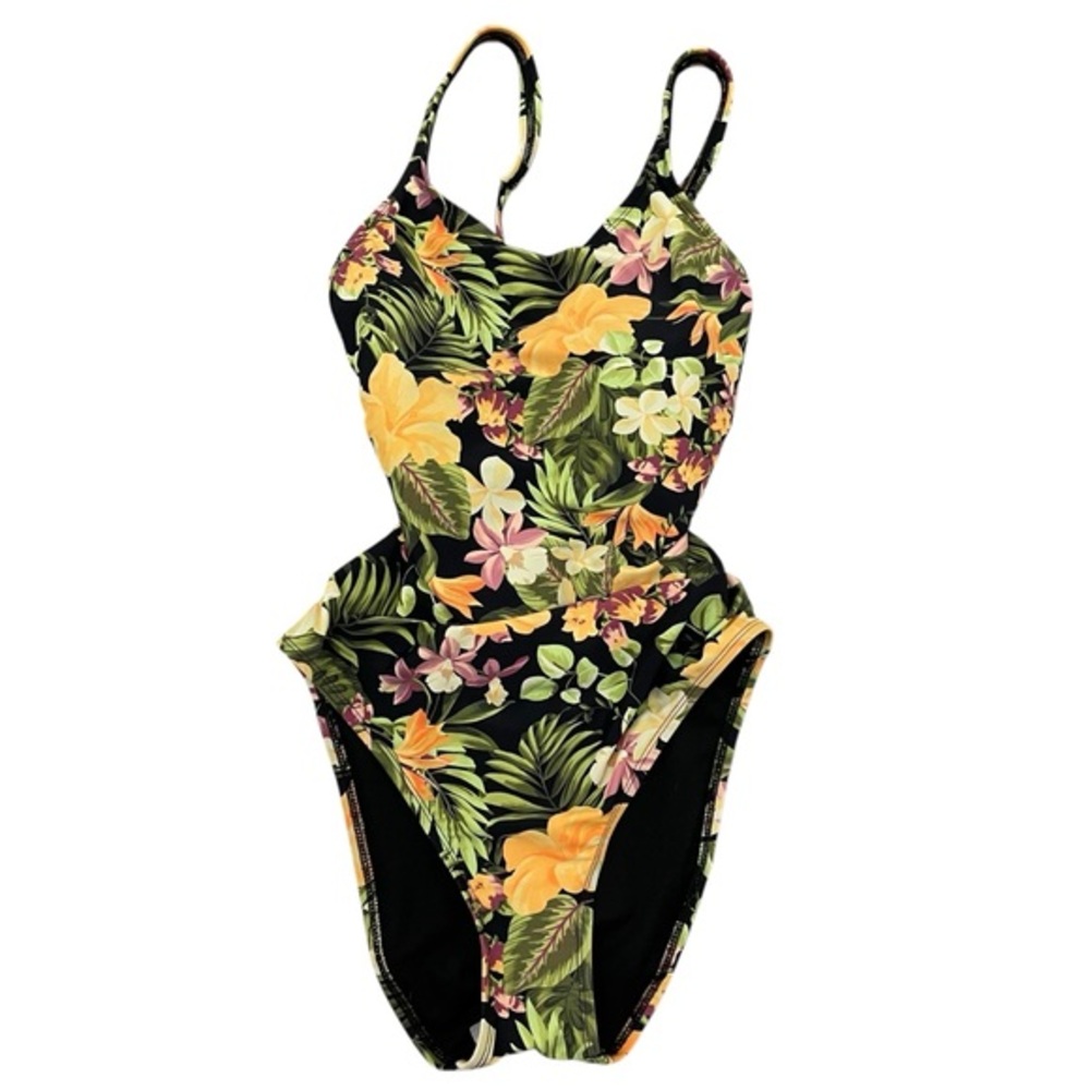Hurley Tropical One Piece Swimsuit Black Yellow Floral Botanical Large NEW